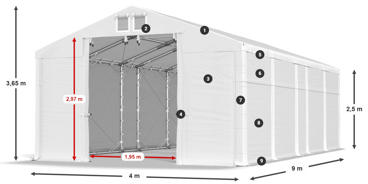 Tető: MS 580 PVC Falak: FR 620 PVC 2,5 m jelmagyarázat