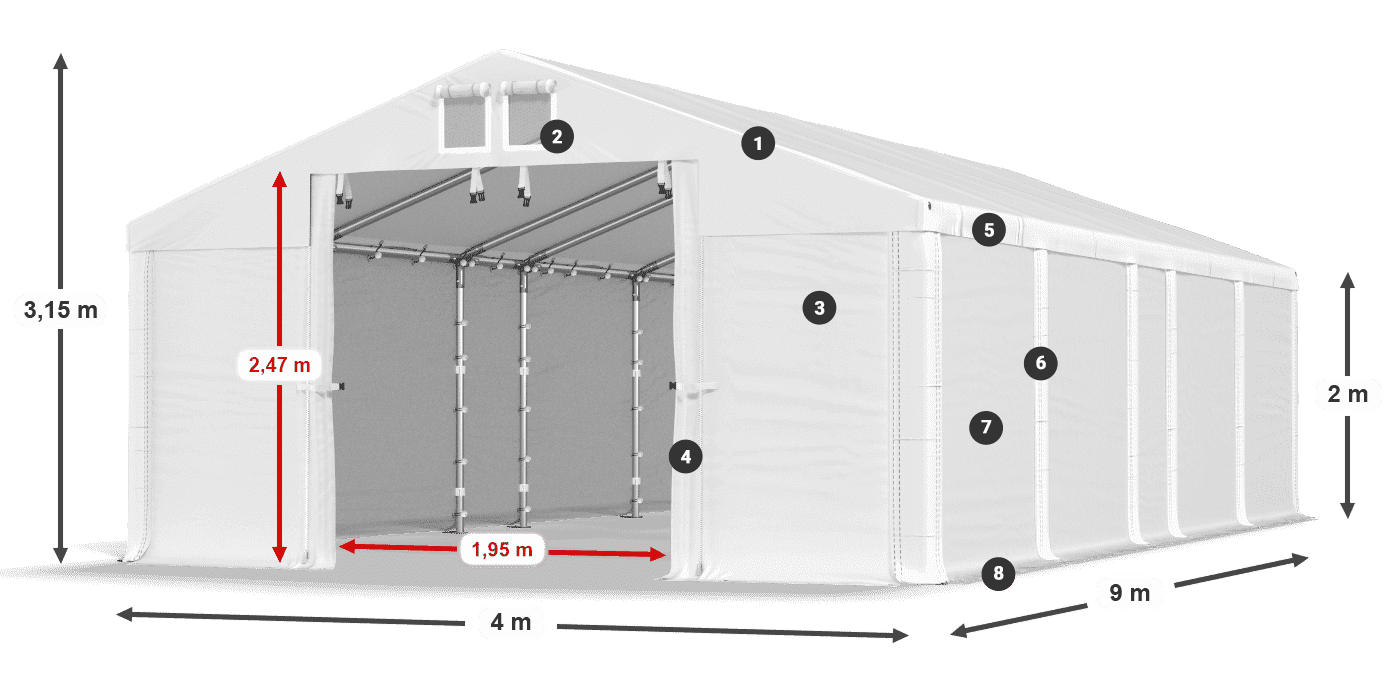 Tető: FR 620 PVC Falak: SD 580 PVC 2 m jelmagyarázat