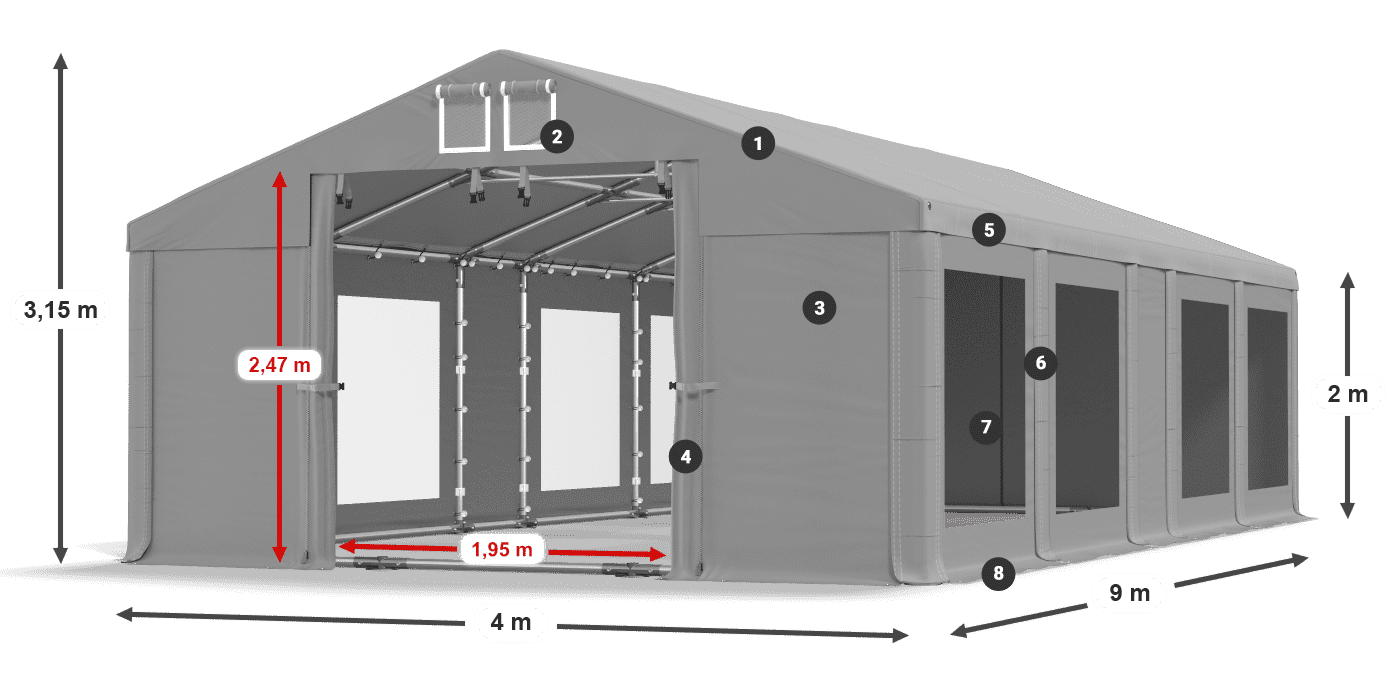 Tető: FR 620 PVC Falak: MS 580 PVC 2 m jelmagyarázat
