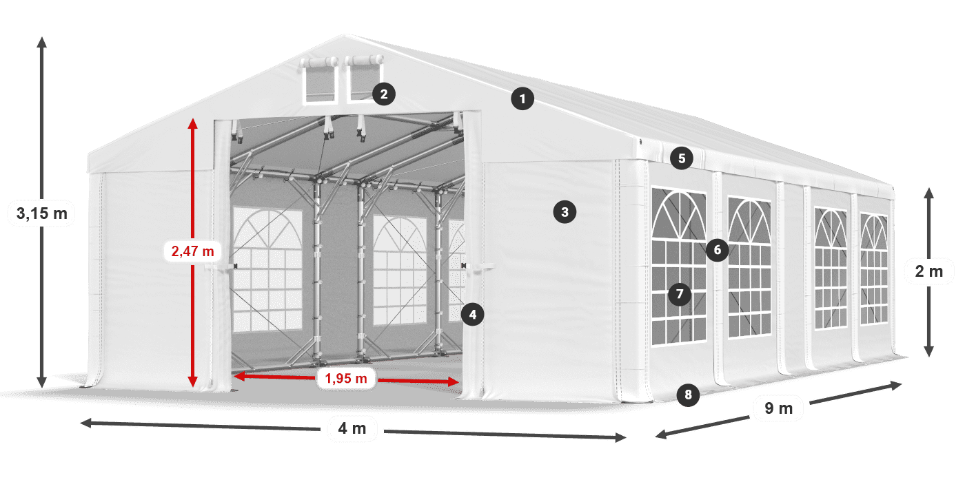 Tető: MS 580 PVC Falak: FR 620 PVC 2 m jelmagyarázat