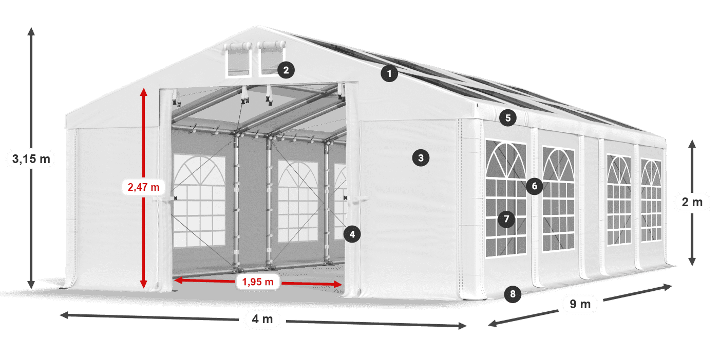 Tető: MS T 580 PVC Falak: FR 620 PVC 2 m jelmagyarázat