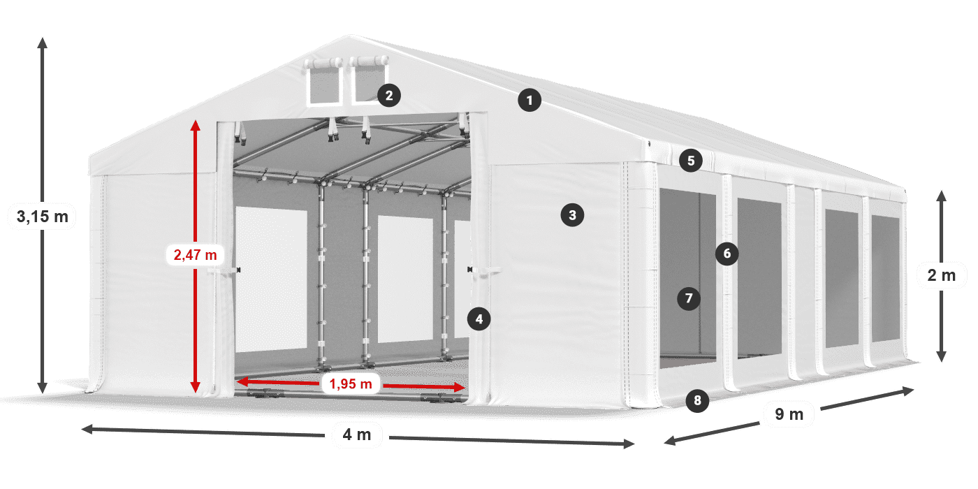 Tető: MS 580 PVC Falak: MS 580 PVC 2 m jelmagyarázat