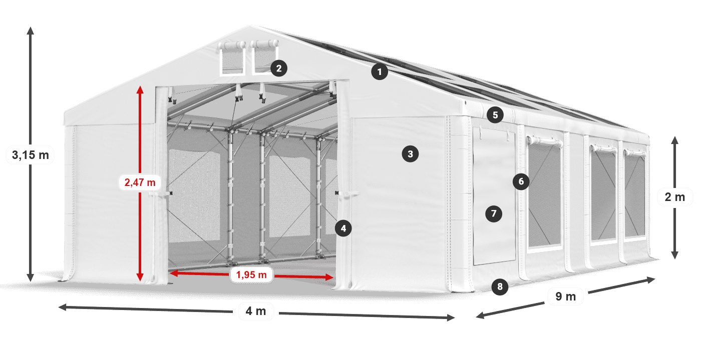 Tető: MS T 580 PVC Falak: SDM 500 PVC 2 m jelmagyarázat
