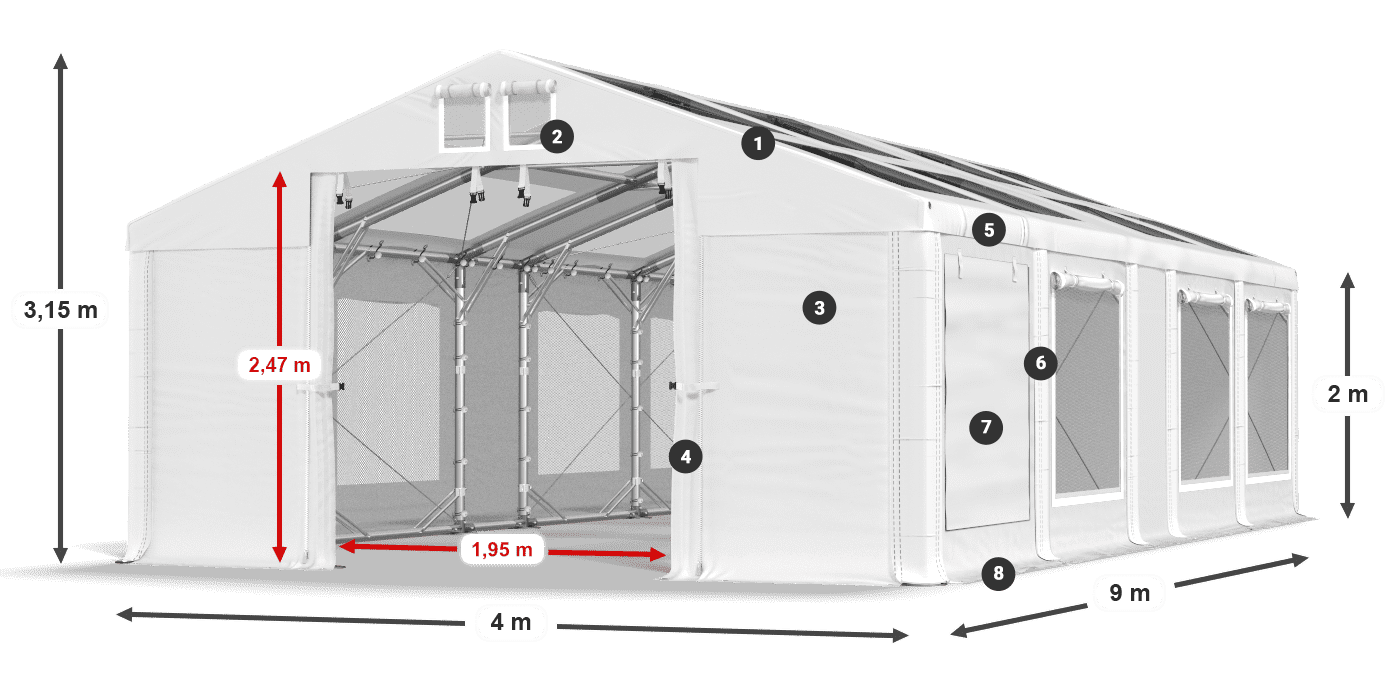 Tető: MS T 580 PVC Falak: SDM 500 PVC 2 m jelmagyarázat