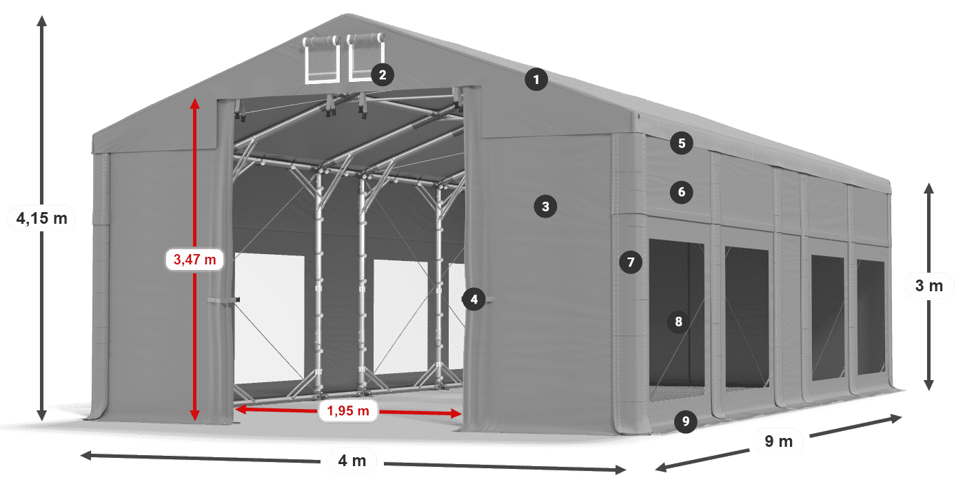 Tető: FR 620 PVC Falak: MS 580 PVC 3 m jelmagyarázat