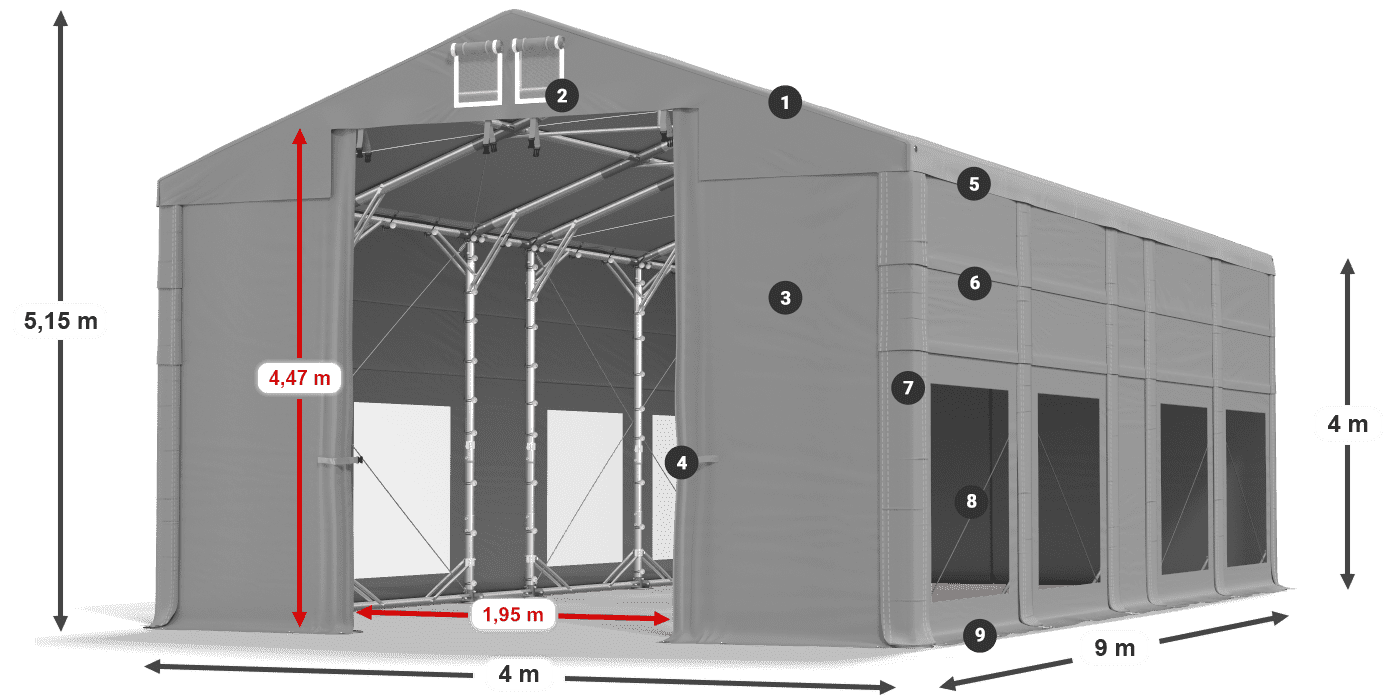 Tető: FR 620 PVC Falak: MS 580 PVC 4 m jelmagyarázat
