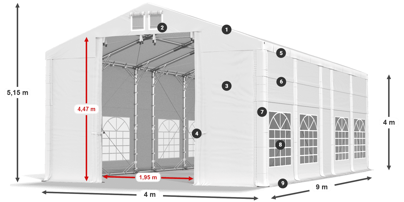 Tető: MS 580 PVC Falak: FR 620 PVC 4 m jelmagyarázat