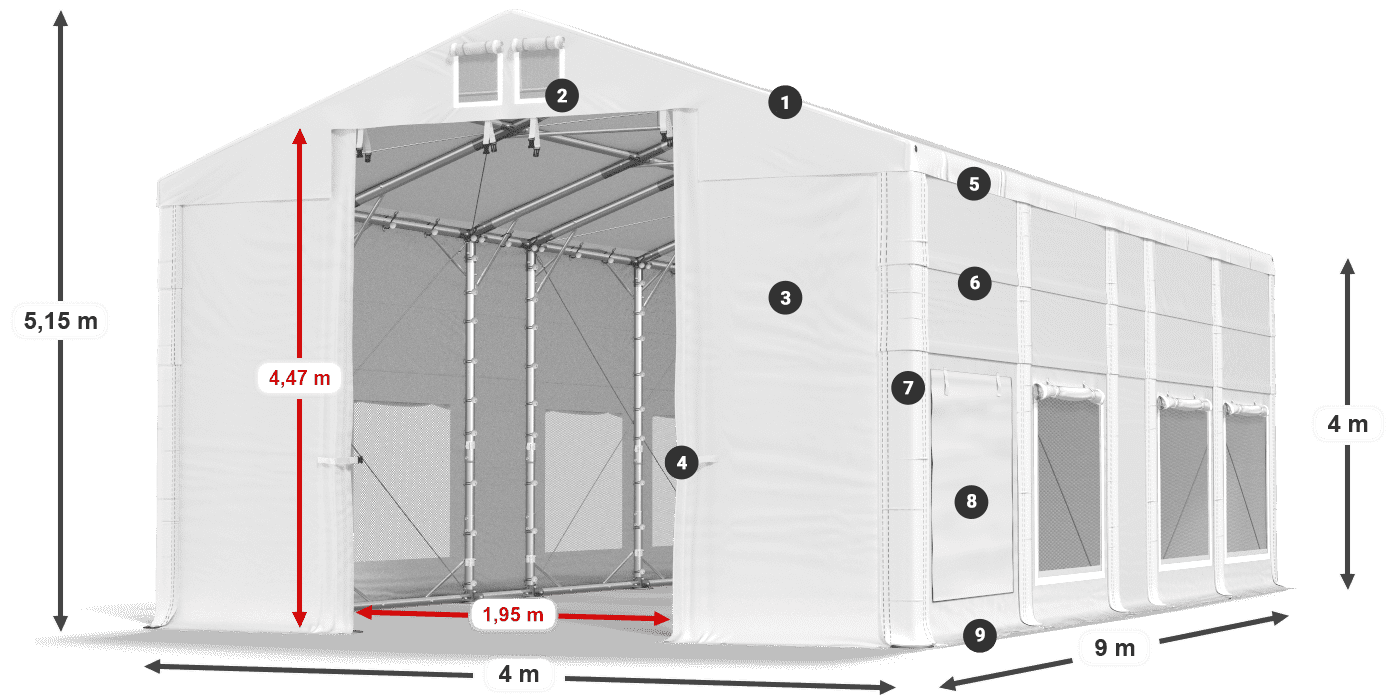 Tető: MS 580 PVC Falak: SD M 500 PVC 4 m jelmagyarázat