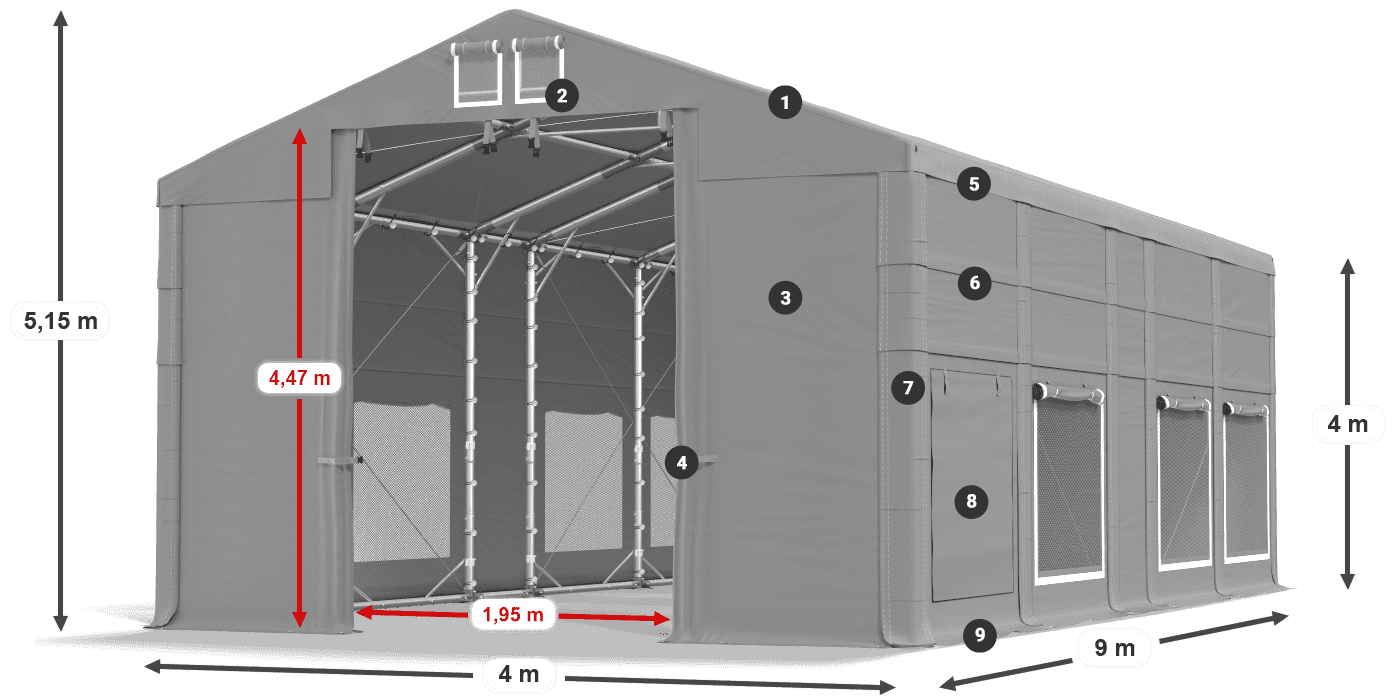 Tető: MS 580 PVC Falak: SD M 500 PVC 4 m jelmagyarázat
