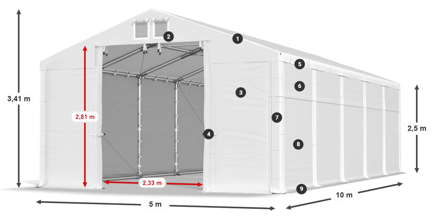 Tető: FR 620 PVC Falak: MS 580 PVC 2,5 m jelmagyarázat