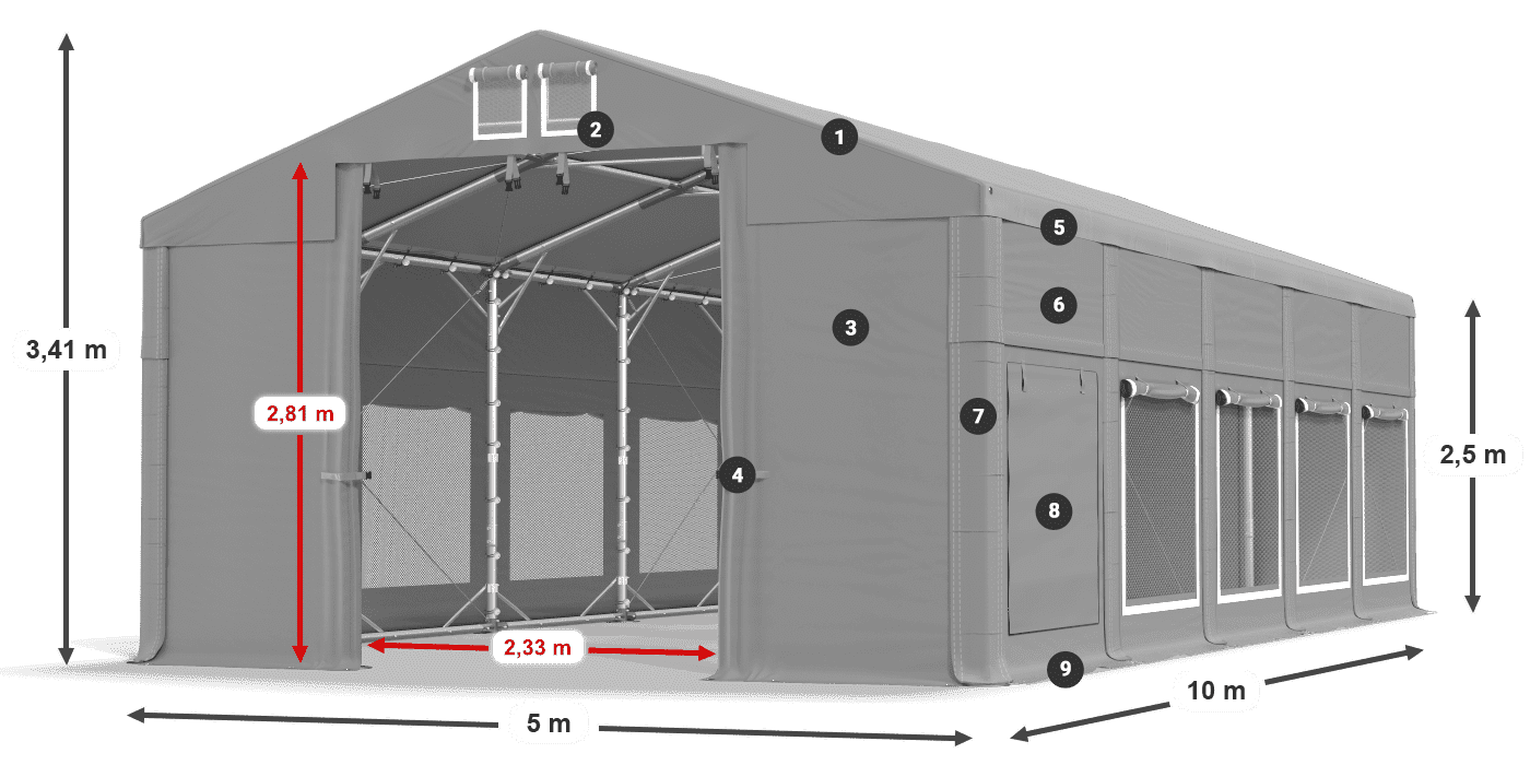 Tető: FR 620 PVC Falak: SD 500 PVC 2,5 m jelmagyarázat
