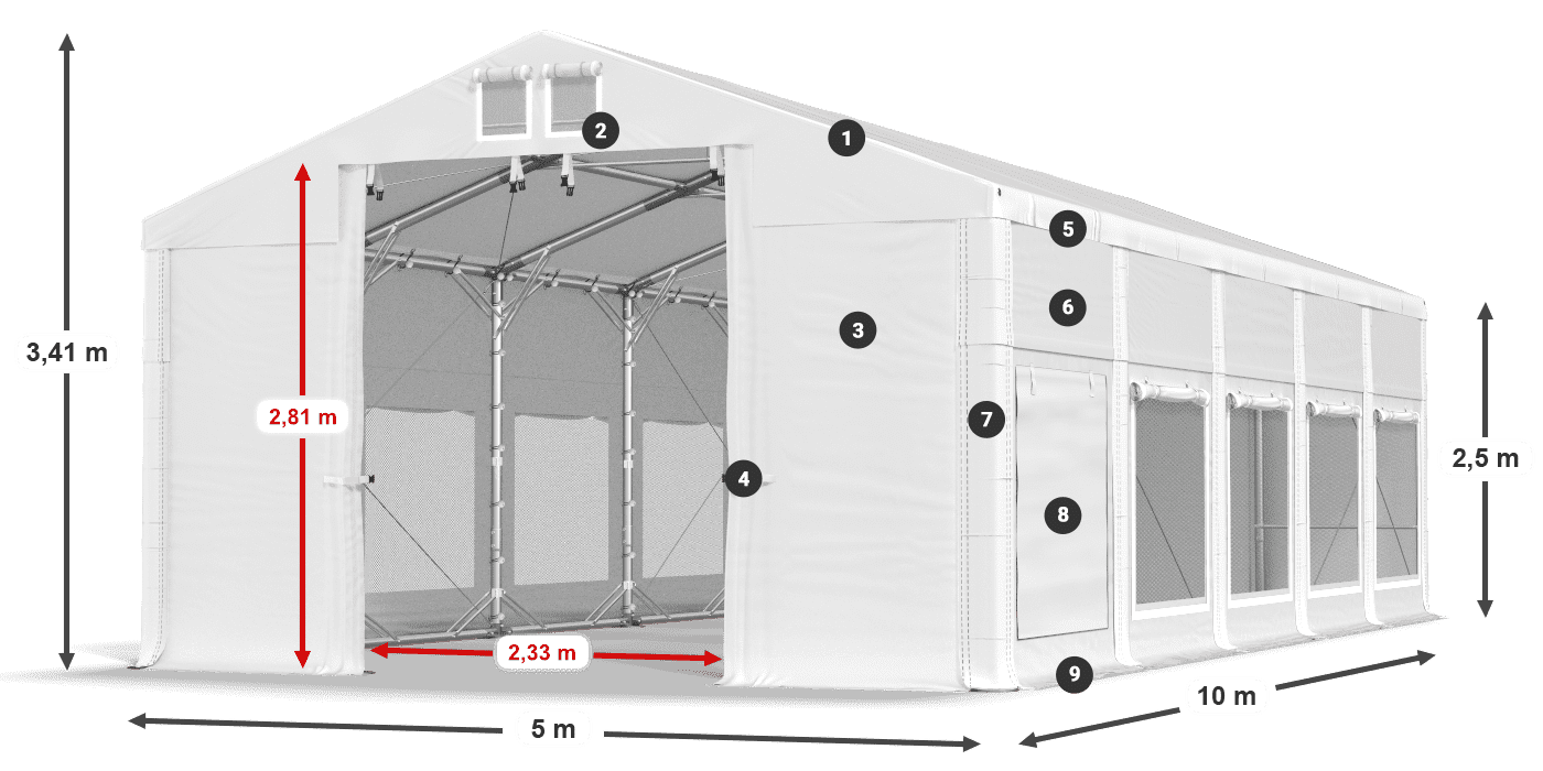 Tető: FR 620 PVC Falak: SD 500 PVC 2,5 m jelmagyarázat
