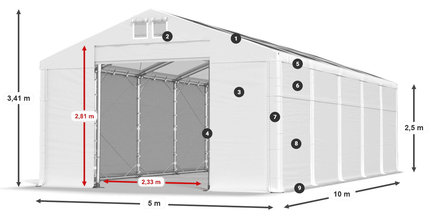 Tető: MS T 580 PVC Falak: FR 620 PVC 2,5 m jelmagyarázat