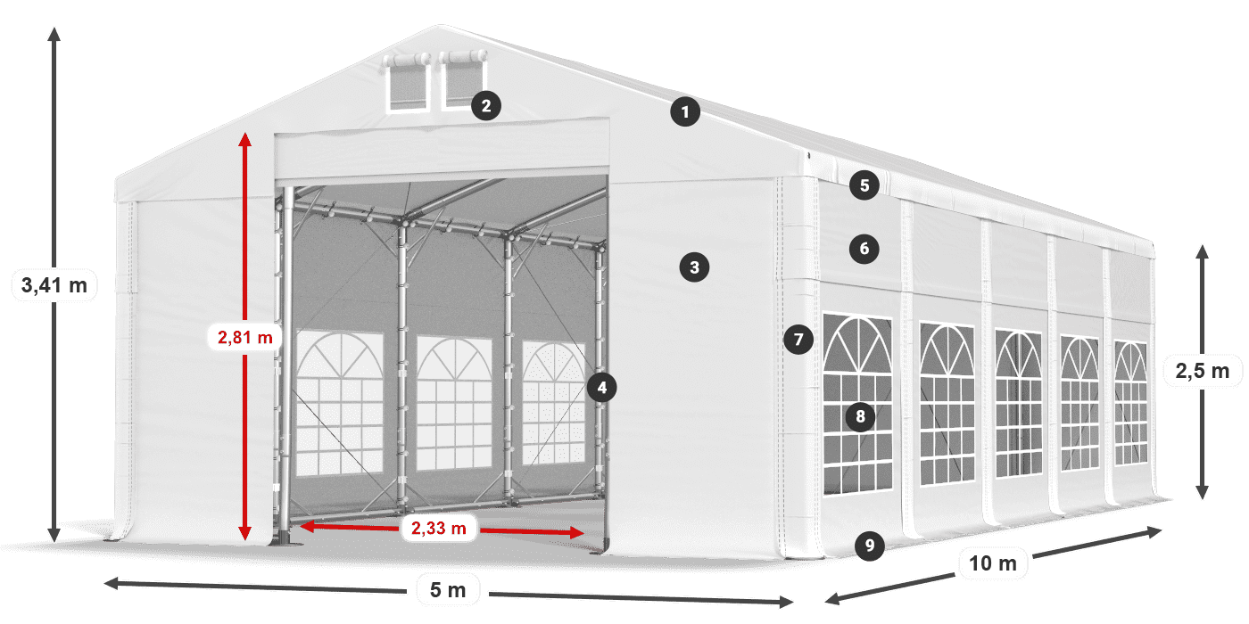 Tető: MS 580 PVC Falak: FR 620 PVC 2,5 m jelmagyarázat