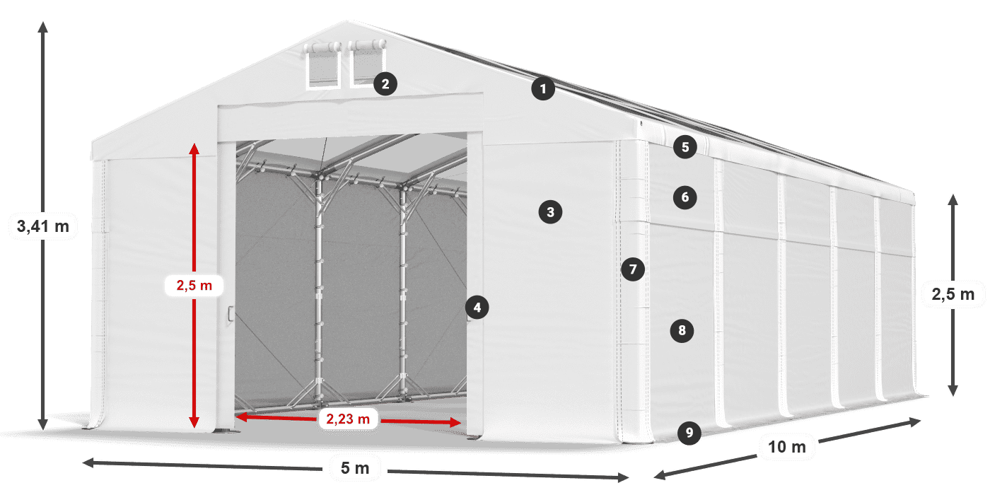 Tető: MS T 580 PVC Falak: FR 620 PVC 2,5 m jelmagyarázat