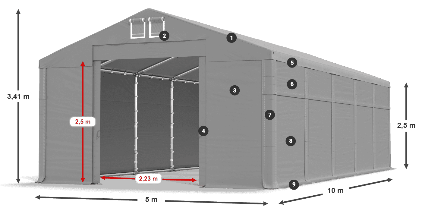 Tető: MS 580 PVC Falak: FR 620 PVC 2,5 m jelmagyarázat