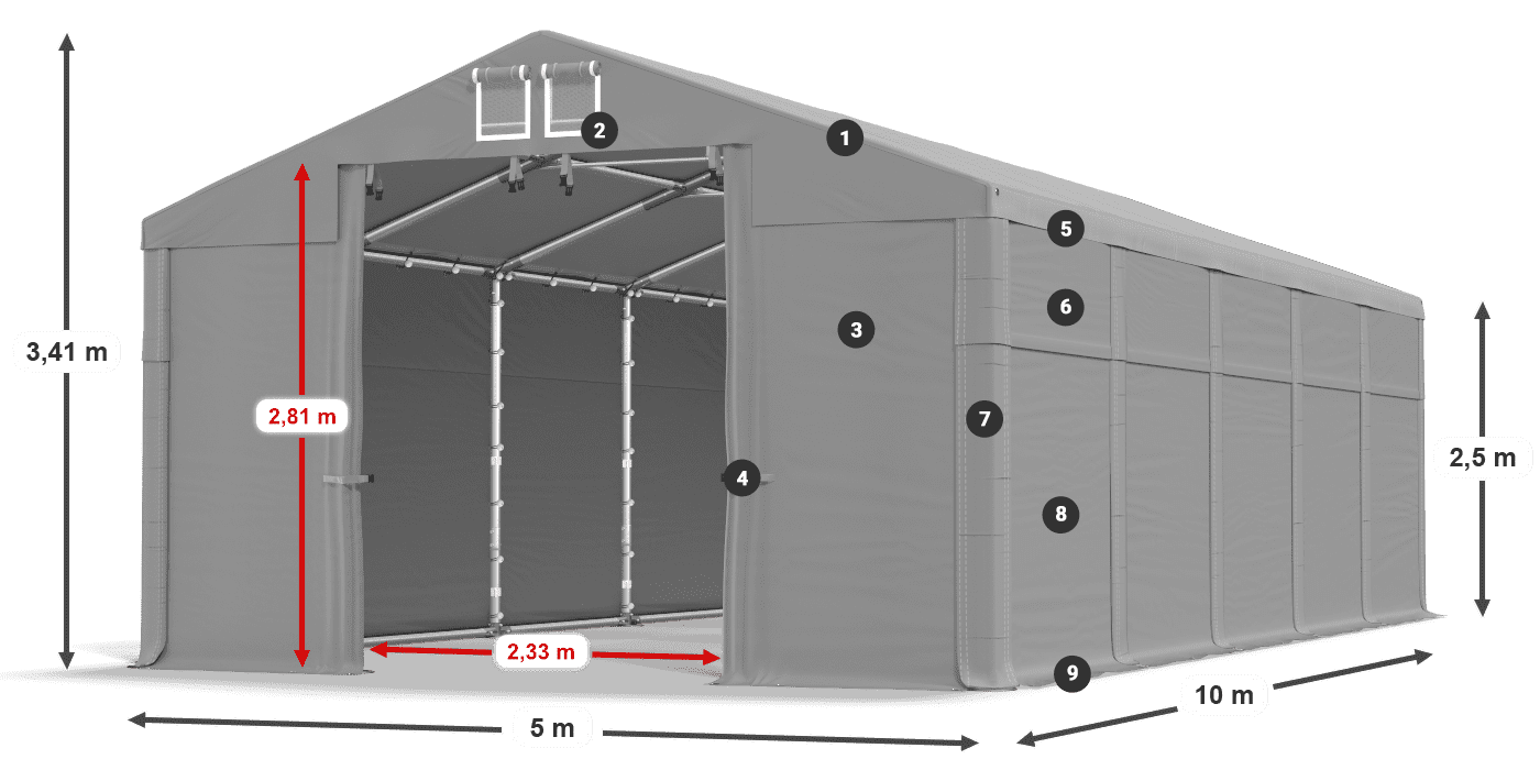 Tető: MS 580 PVC Falak: FR 620 PVC 2,5 m jelmagyarázat