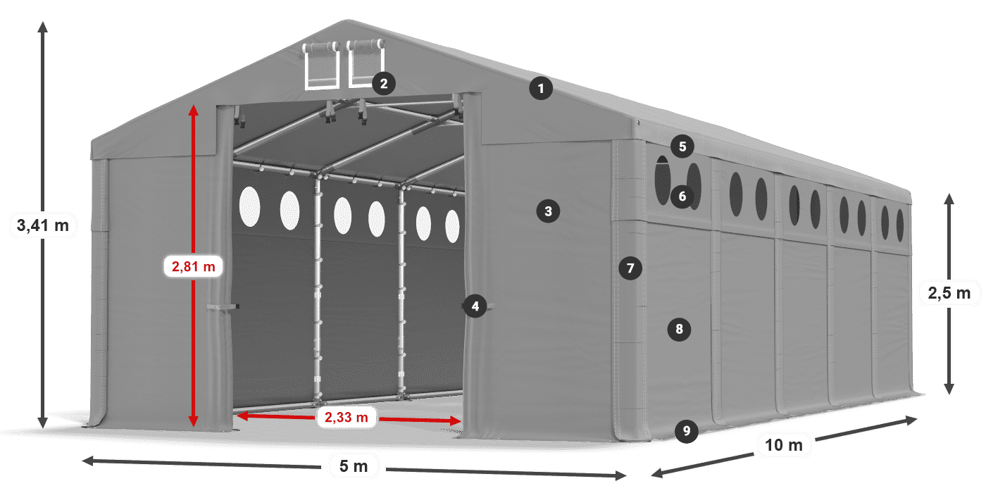 Tető: MS 580 PVC Falak: FR O 620 PVC 2,5 m jelmagyarázat