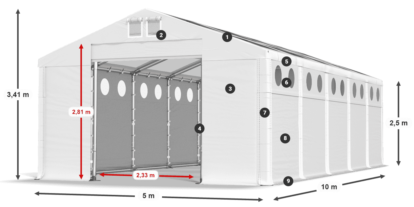Tető: MS T 580 PVC Falak: FR O 620 PVC 2,5 m jelmagyarázat
