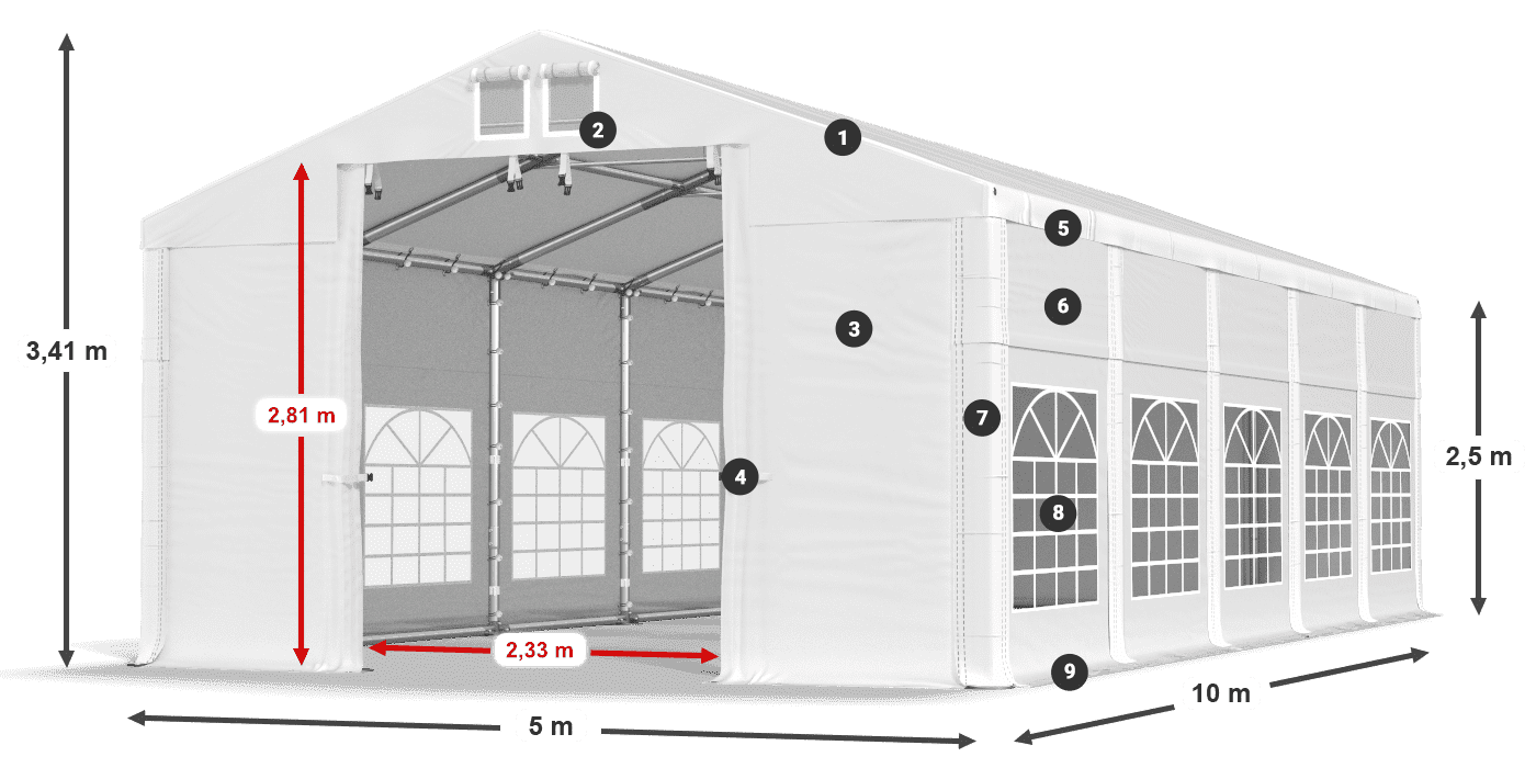 Tető: MS 580 PVC Falak: FR 620 PVC 2,5 m jelmagyarázat