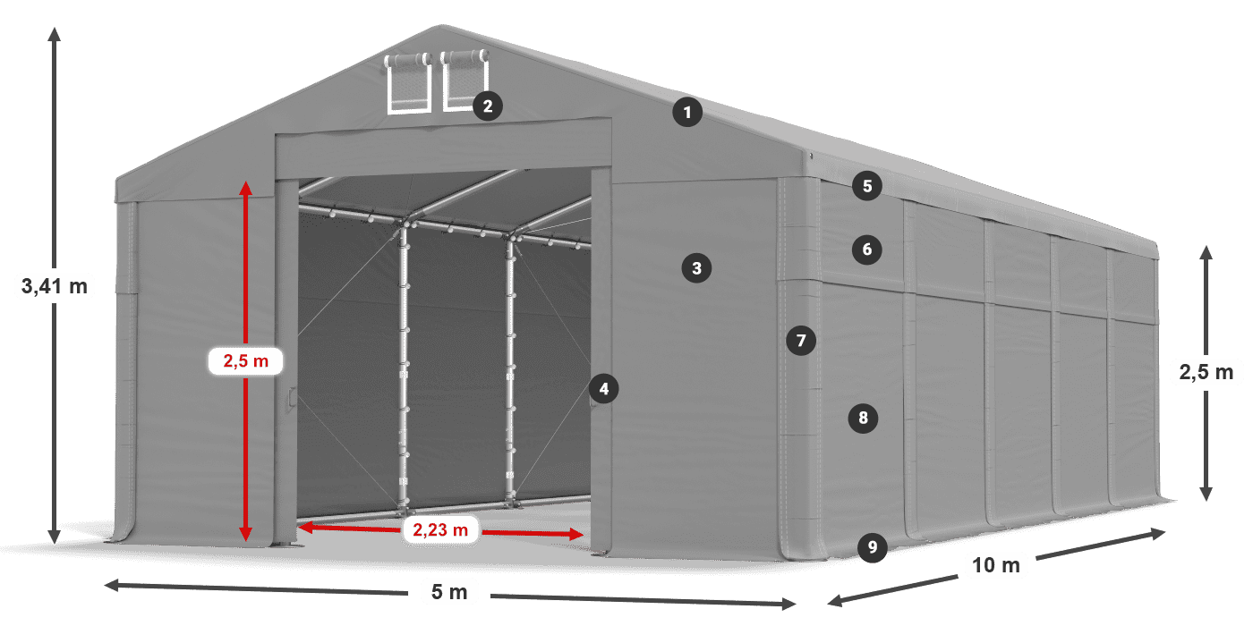 Tető: MS 580 PVC Falak: FR 620 PVC 2,5 m jelmagyarázat