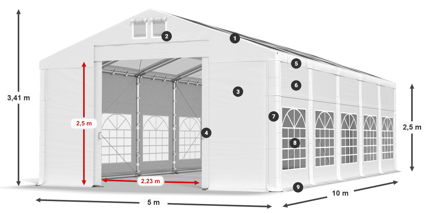 Tető: MS T 580 PVC Falak: FR 620 PVC 2,5 m jelmagyarázat