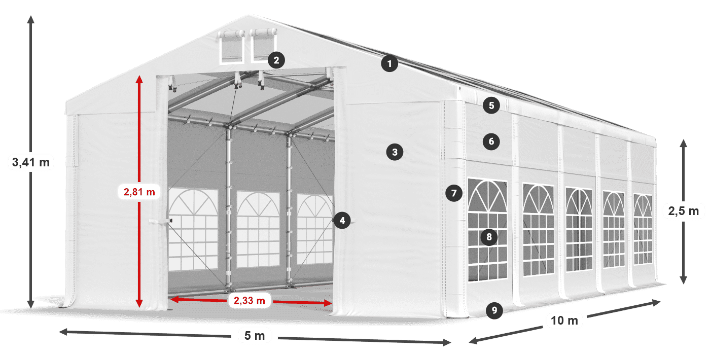 Tető: MS T 580 PVC Falak: FR 620 PVC 2,5 m jelmagyarázat