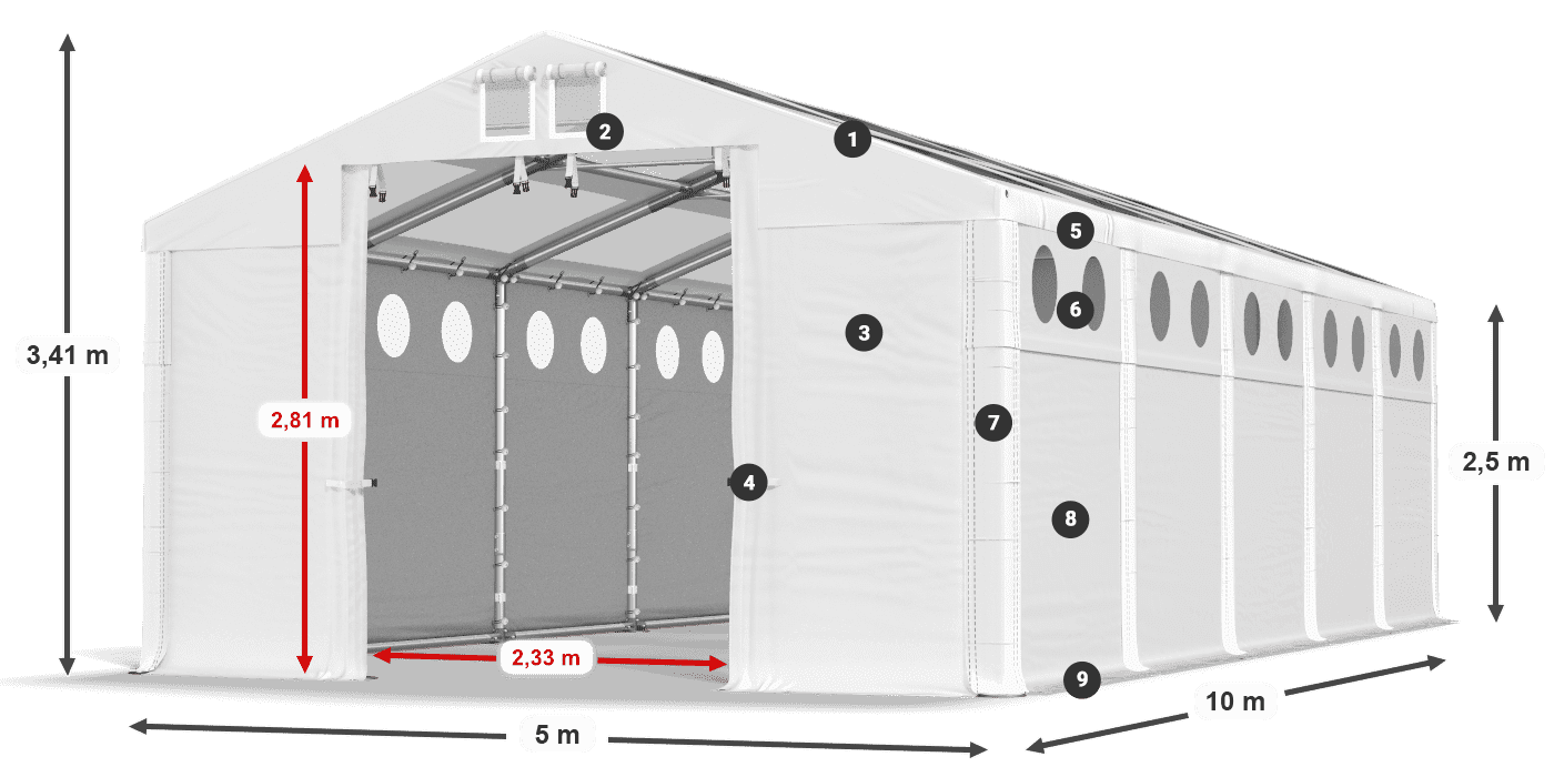 Tető: MS T 580 PVC Falak: MS O 580 PVC 2,5 m jelmagyarázat
