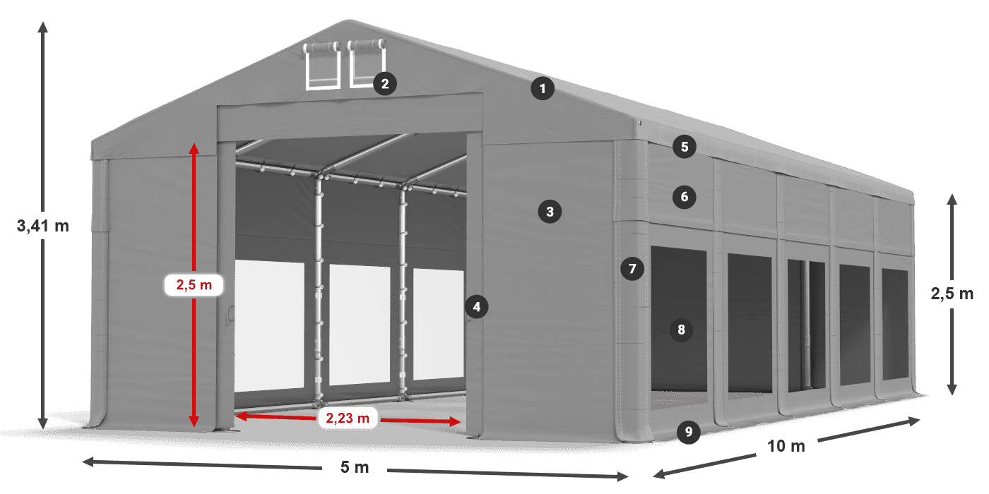 Tető: MS 580 PVC Falak: MS 580 PVC 2,5 m jelmagyarázat