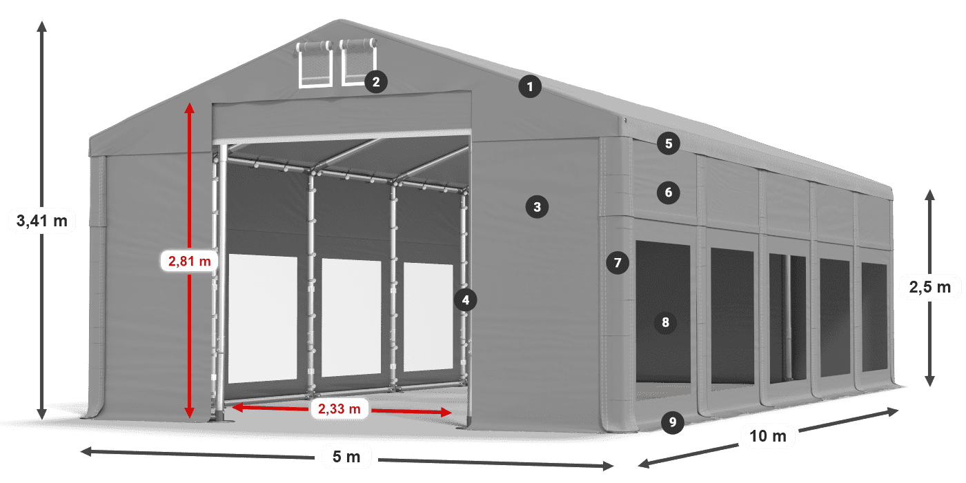 Tető: MS 580 PVC Falak: MS 580 PVC 2,5 m jelmagyarázat