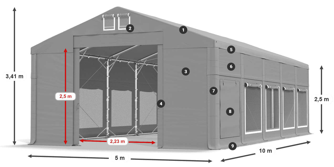 Tető: MS 580 PVC Falak: SD M 500 PVC 2,5 m jelmagyarázat
