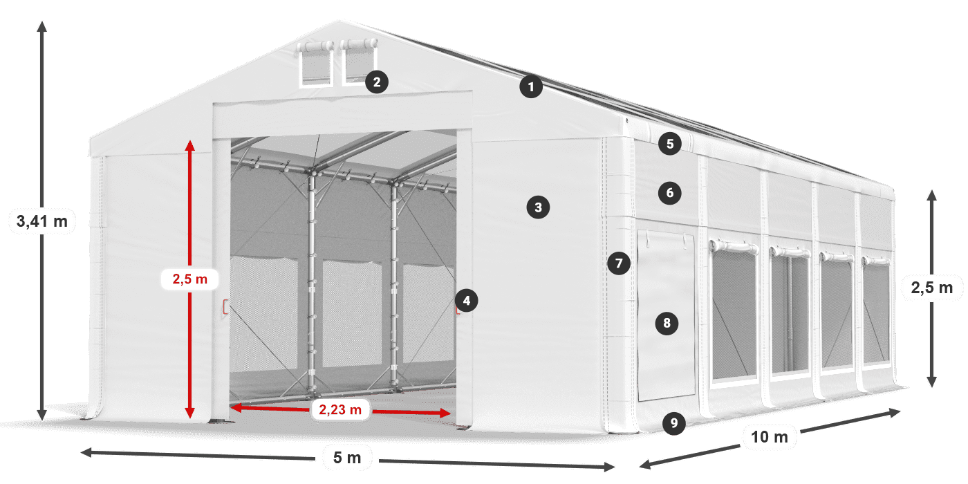 Tető: MS T 580 PVC Falak: SD M 500 PVC 2,5 m jelmagyarázat
