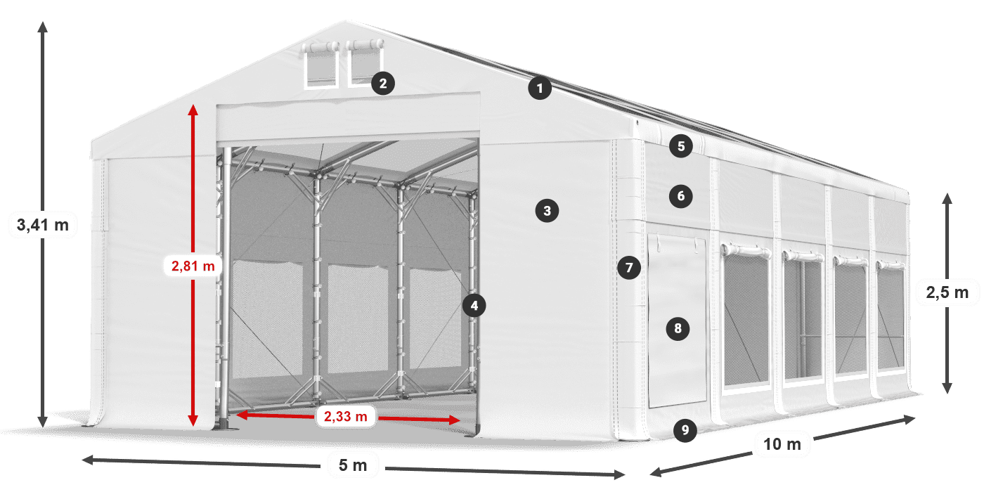 Tető: MS T 580 PVC Falak: SD M 500 PVC 2,5 m jelmagyarázat