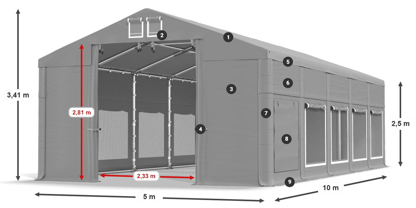 Tető: MS 580 PVC Falak: SD M 500 PVC 2,5 m jelmagyarázat