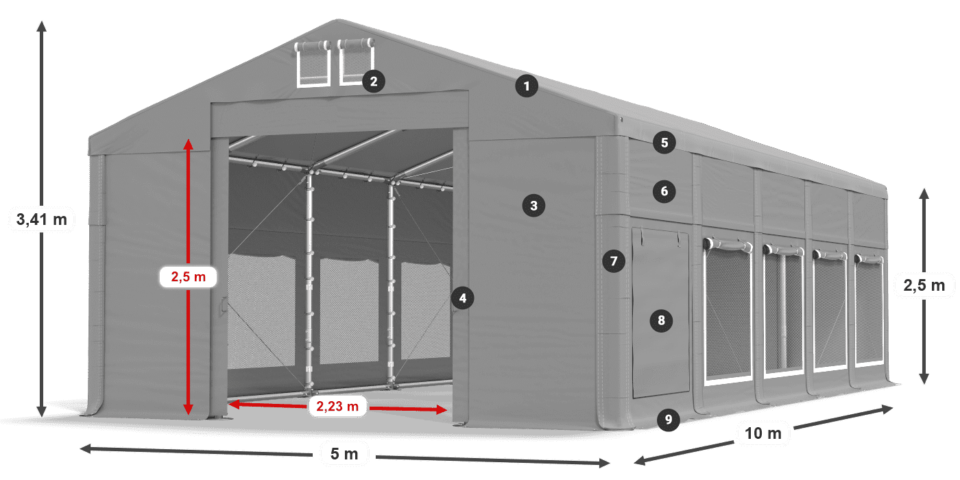 Tető: MS 580 PVC Falak: SD M 500 PVC 2,5 m jelmagyarázat