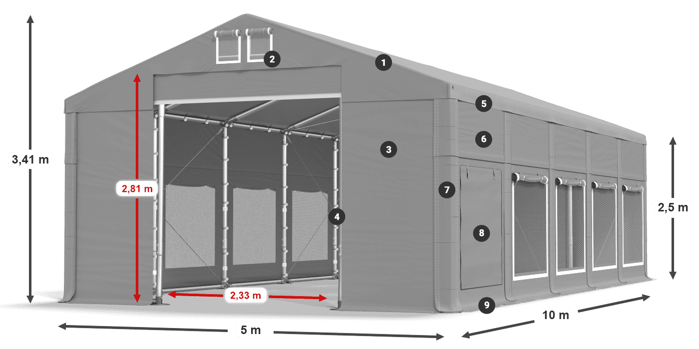 Tető: MS 580 PVC Falak: SD M 500 PVC 2,5 m jelmagyarázat