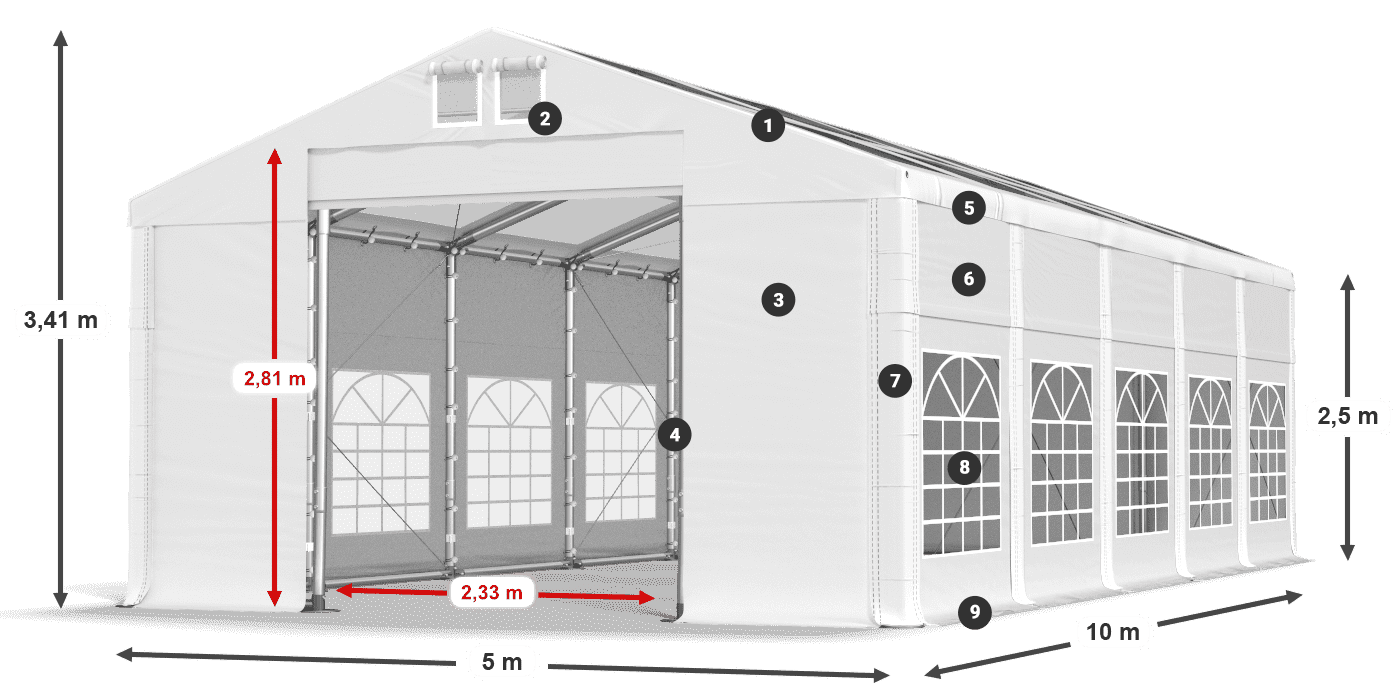 Tető: MS 580 PVC Falak: SD 500 PVC 2,5 m jelmagyarázat