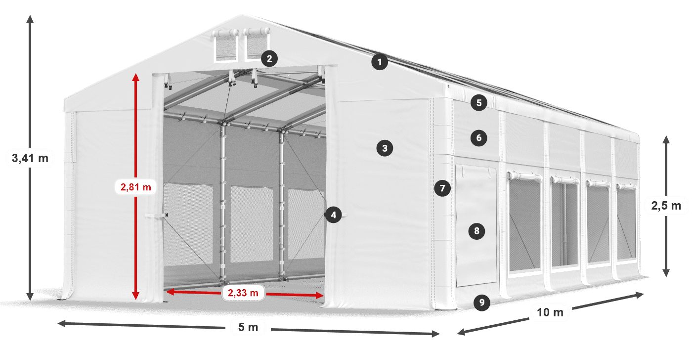 Tető: MS T 580 PVC Falak: SD M 500 PVC 2,5 m jelmagyarázat