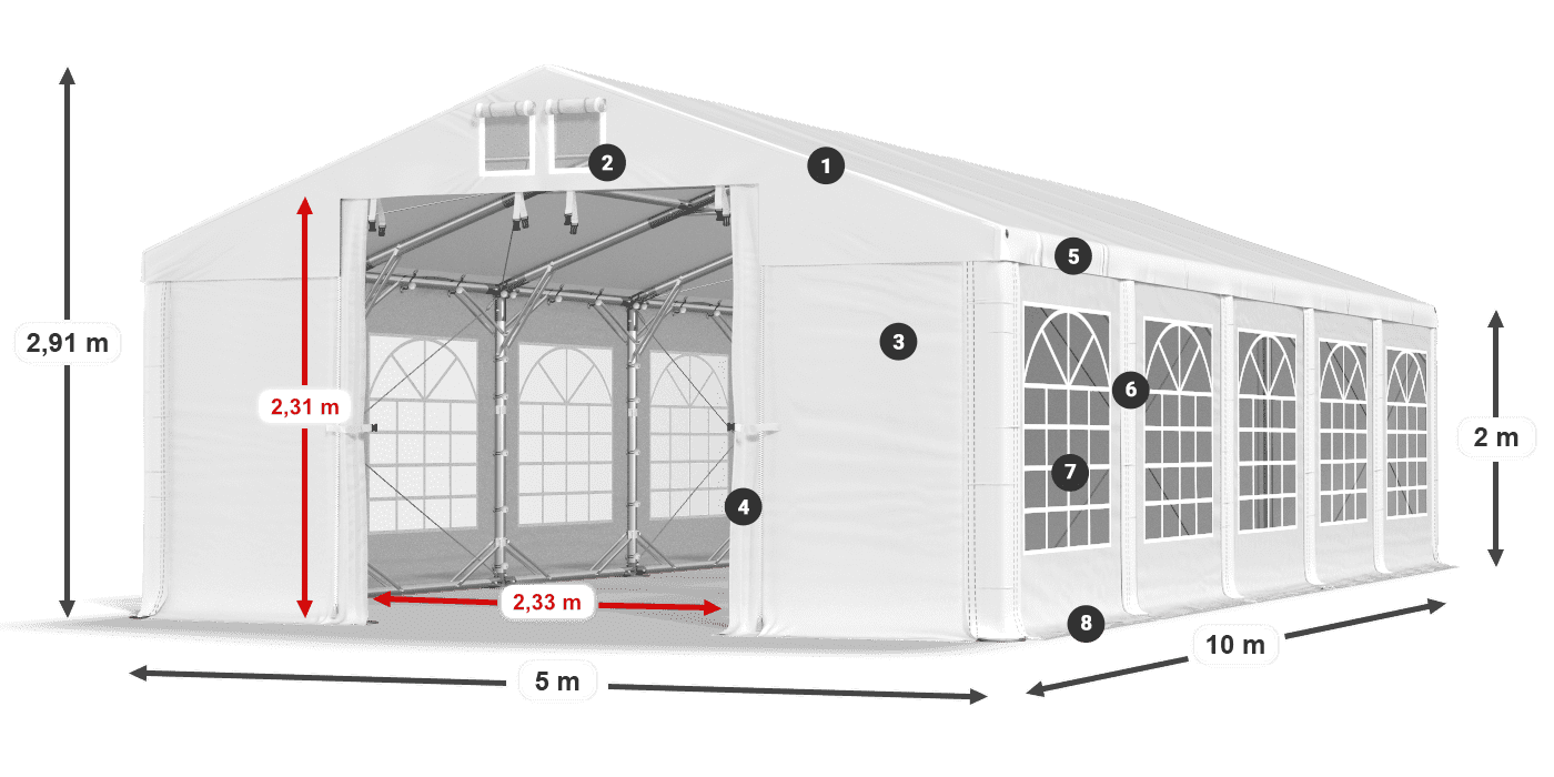 Tető: MS 580 PVC Falak: FR 620 PVC 2 m jelmagyarázat