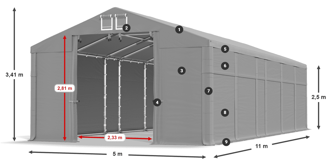 Tető: FR 620 PVC Falak: MS 580 PVC 2,5 m jelmagyarázat