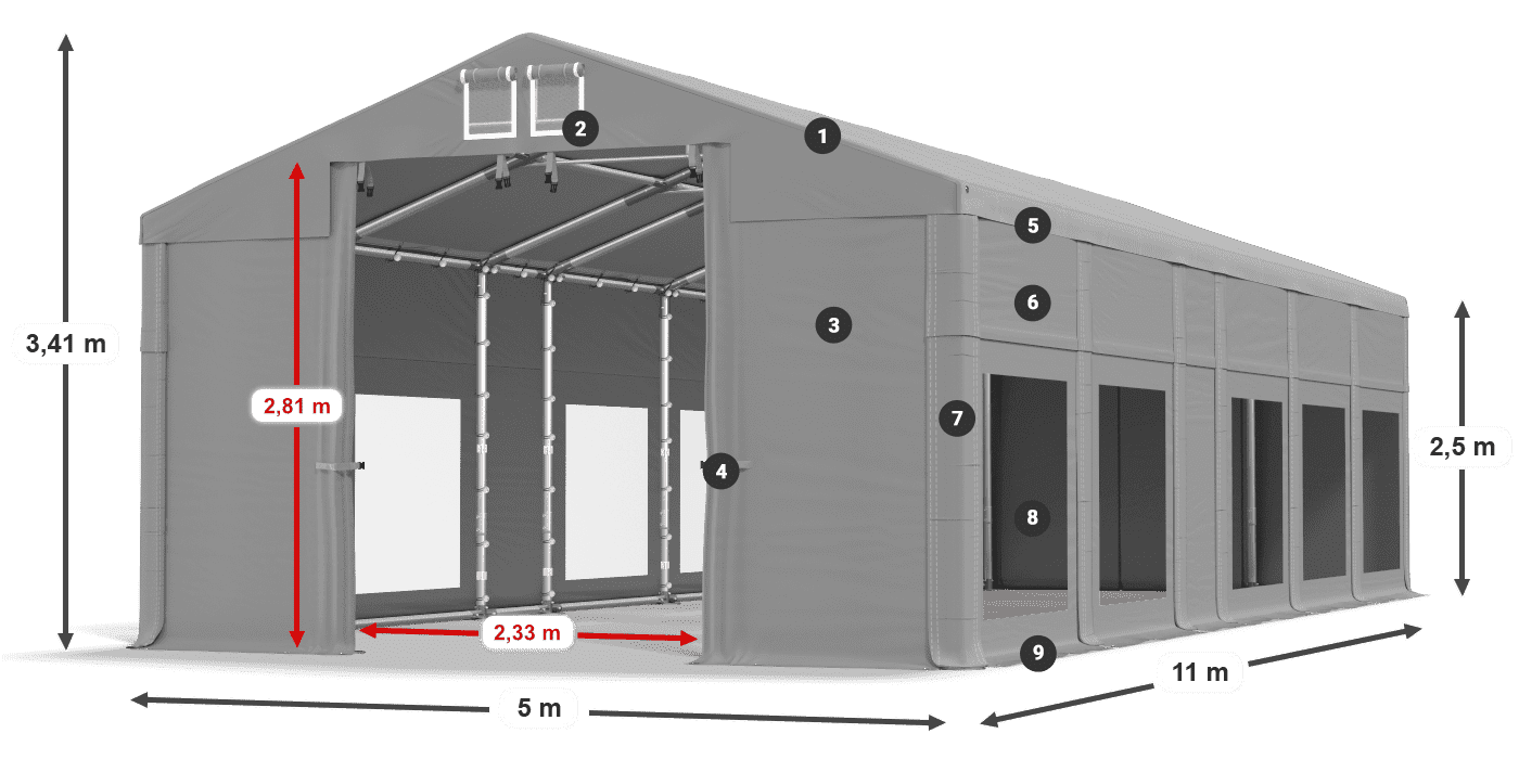 Tető: FR 620 PVC Falak: MS 580 PVC 2,5 m jelmagyarázat