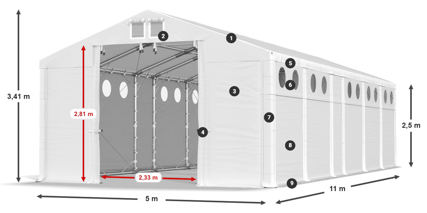Tető: FR 620 PVC Falak: SD O 500 PVC 2,5 m jelmagyarázat