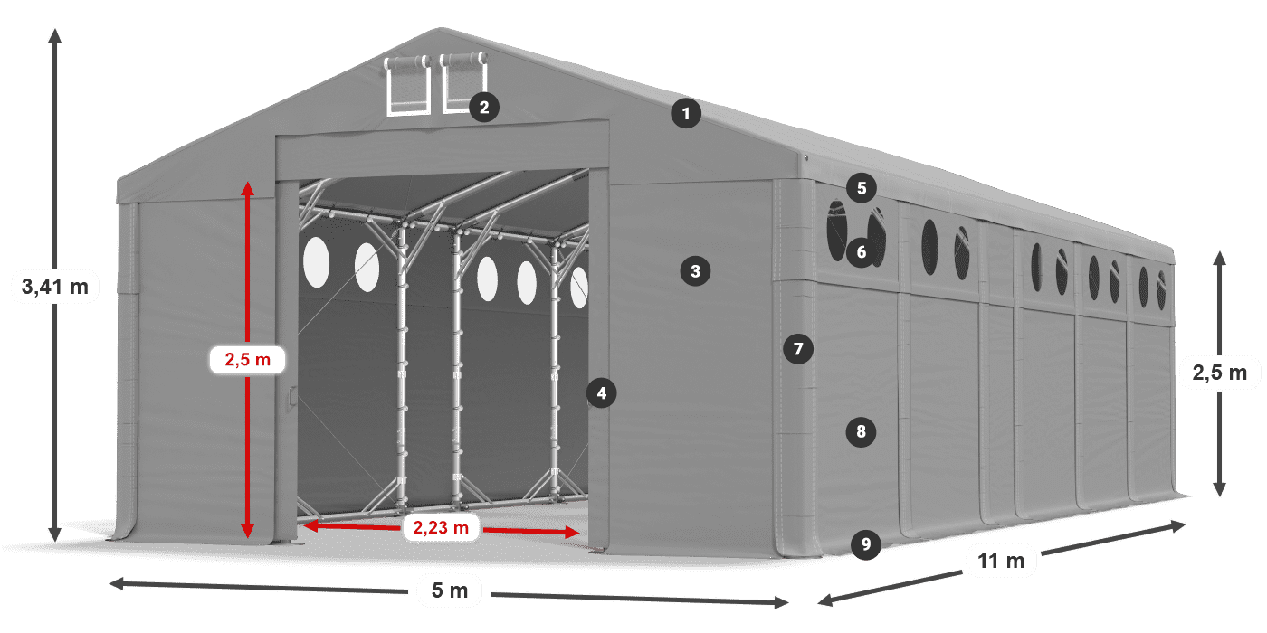 Tető: MS 580 PVC Falak: FR O 620 PVC 2,5 m jelmagyarázat
