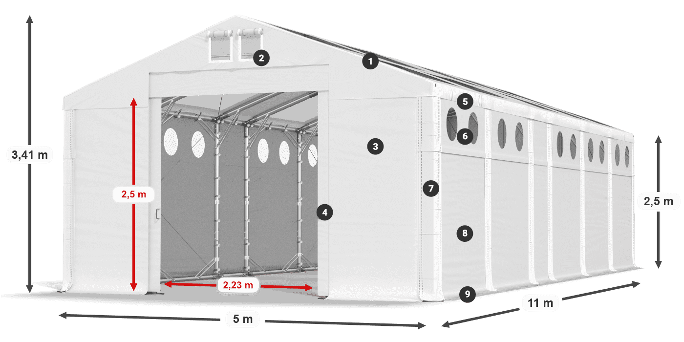 Tető: MS T 580 PVC Falak: FR O 620 PVC 2,5 m jelmagyarázat