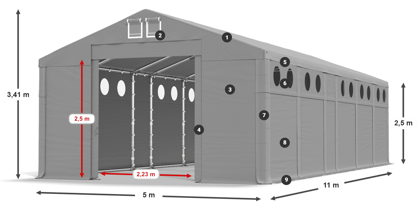 Tető: MS 580 PVC Falak: FR O 620 PVC 2,5 m jelmagyarázat
