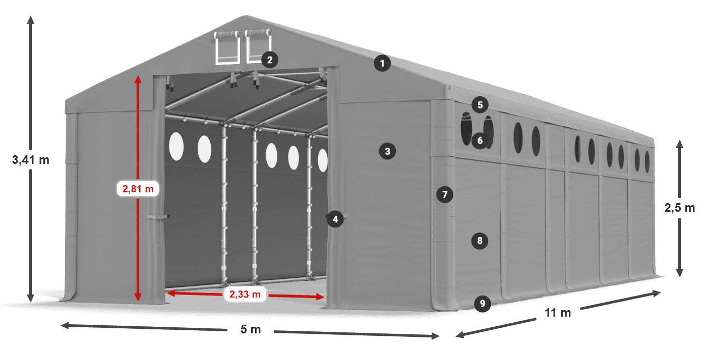 Tető: MS 580 PVC Falak: FR O 620 PVC 2,5 m jelmagyarázat