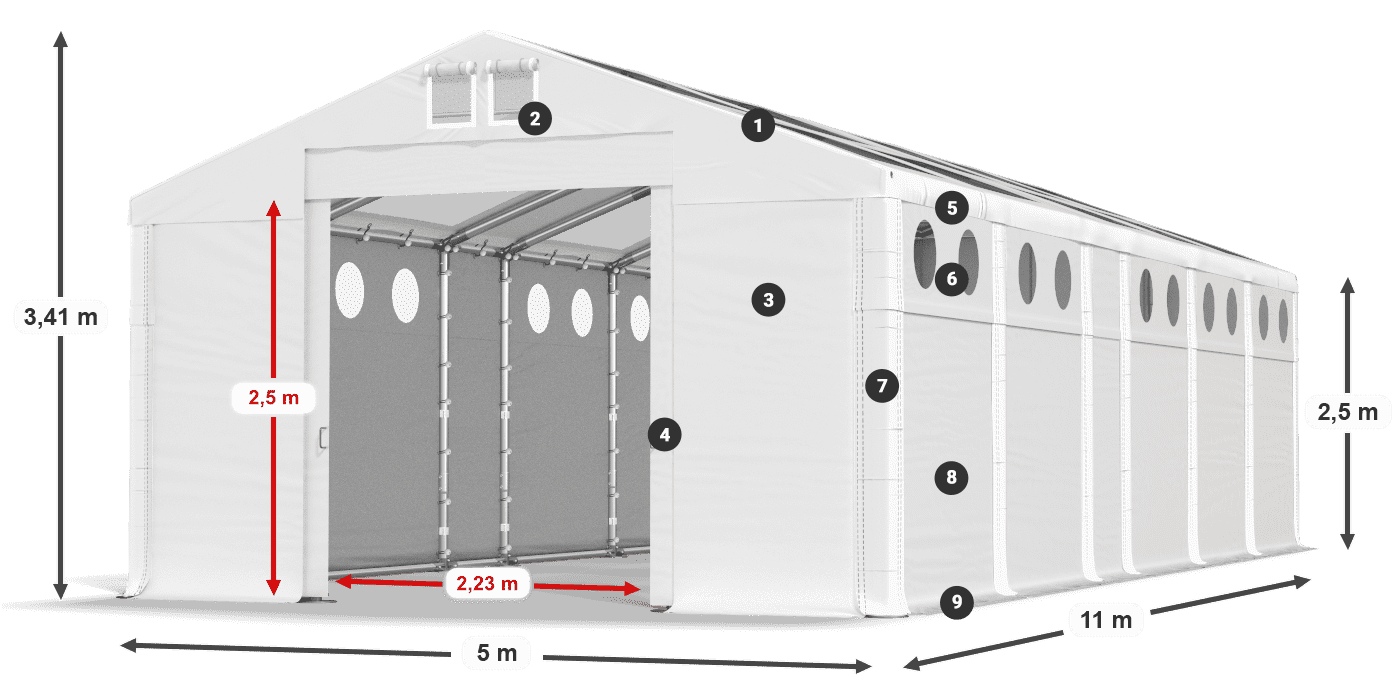 Tető: MS T 580 PVC Falak: FR O 620 PVC 2,5 m jelmagyarázat