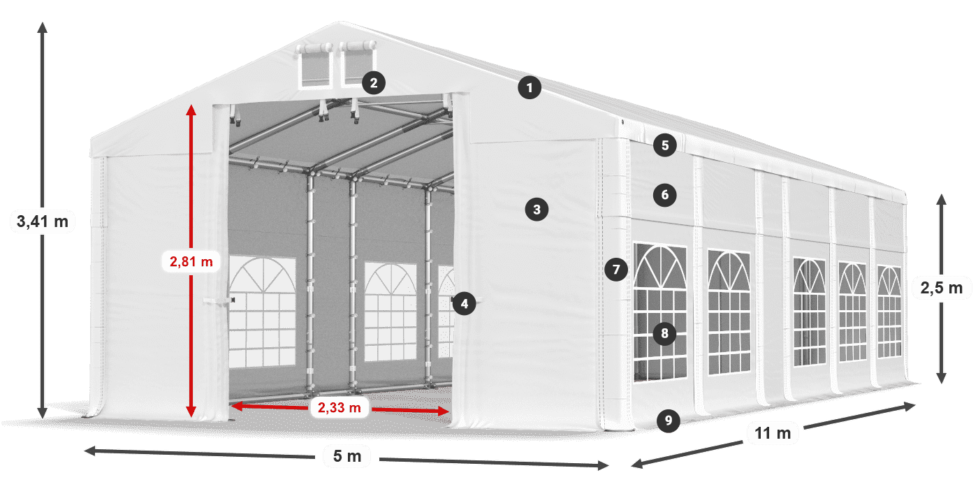 Tető: MS 580 PVC Falak: FR 620 PVC 2,5 m jelmagyarázat
