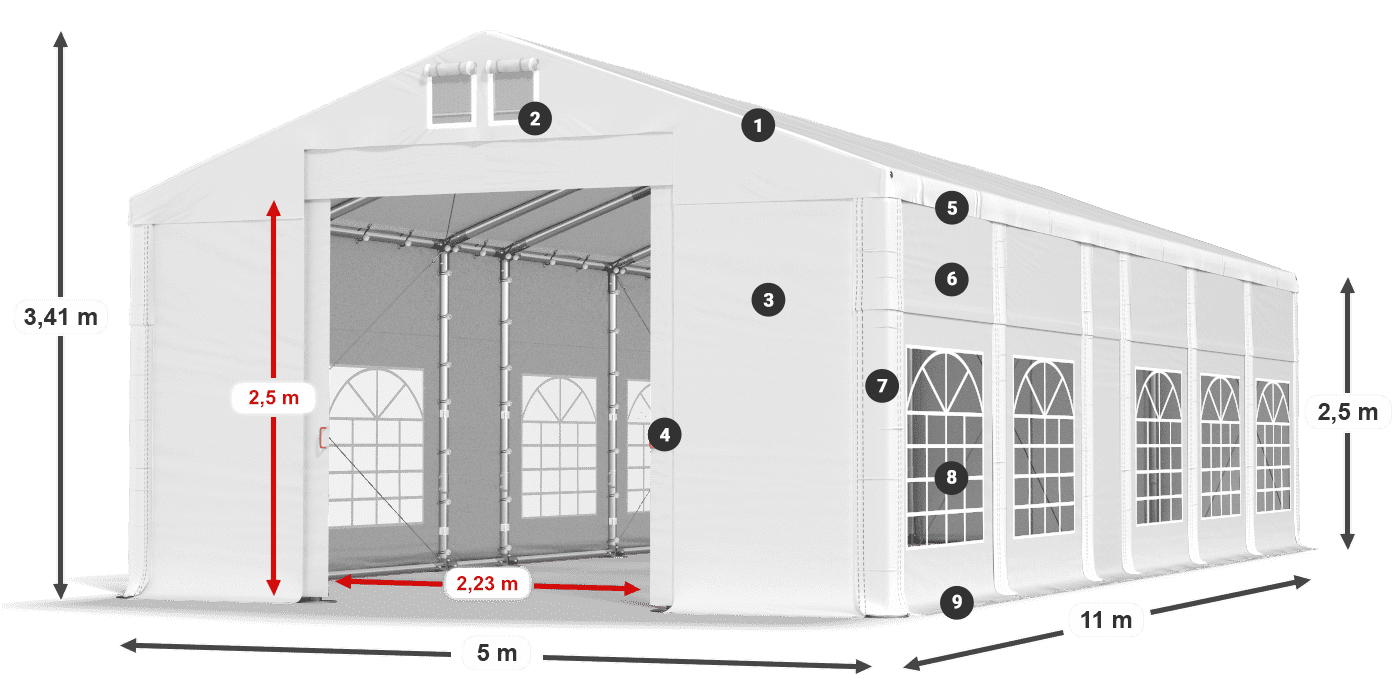 Tető: MS 580 PVC Falak: FR 620 PVC 2,5 m jelmagyarázat