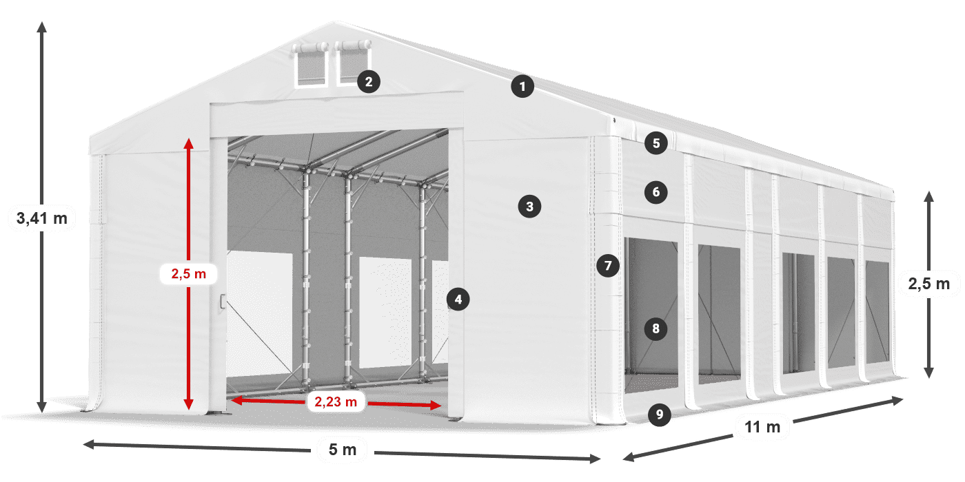 Tető: MS 580 PVC Falak: MS 580 PVC 2,5 m jelmagyarázat